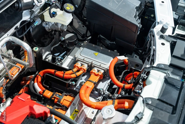 Fototapeta Electric car with open hood. Close up of inverter and wires.