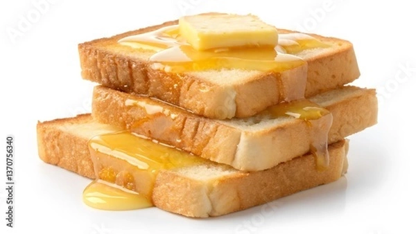 Fototapeta Toasted Bread with Butter and Honey on White Background