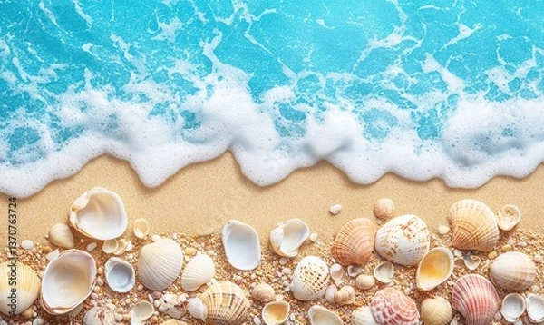 Fototapeta A serene coastal view with a sandy beach scattered with colorful seashells, where calm waves lap the shore under the radiant sunlight, offering a perfect summer escape