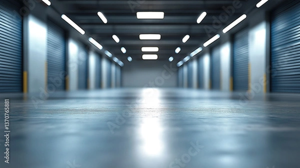 Fototapeta A forklift lifts a pallet of cardboard boxes in a bright warehouse with blurred metal storage racks