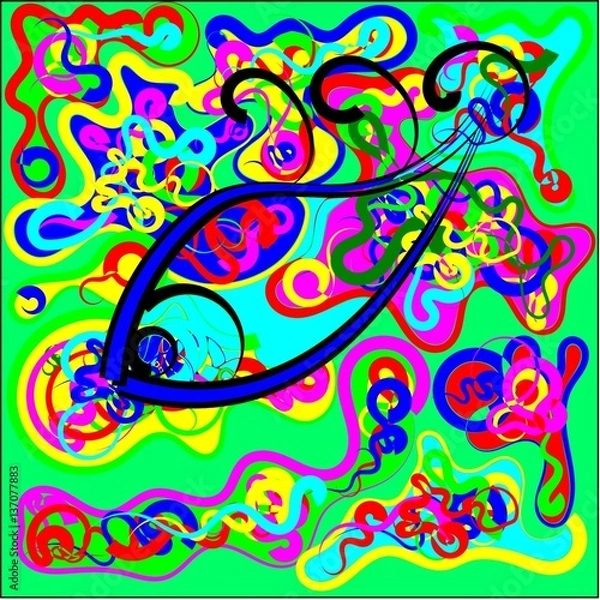 Fototapeta Abstract seamless colored fragments of pieces with colored threads of red, pink and blue, green and yellow waves from the center tend to throughout the drawing and an eye in the center of the picture