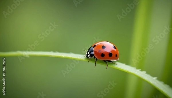 Fototapeta A macro photograph captures a ladybug perched on a blade of grass, set against a backdrop of lush greenery