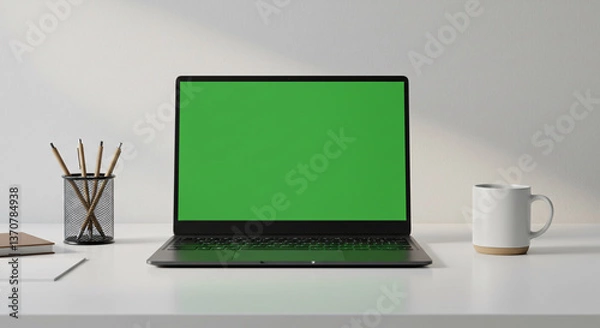 Fototapeta Laptop Computer With Green Screen Display On White Desk With Pencil Holder And Coffee Cup