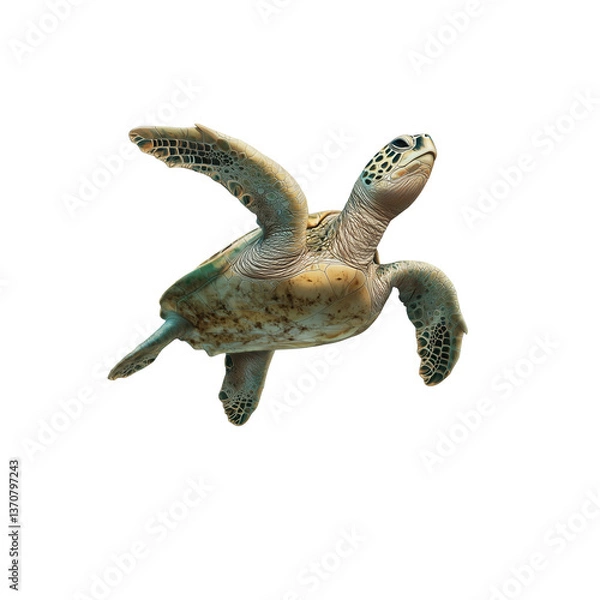 Fototapeta A green sea turtle gracefully swimming through water with its flippers extended and a beautifully patterned shell.