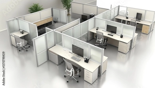 Fototapeta Frosted glass office cubicles with doors, creating private spaces in an open-plan setting.