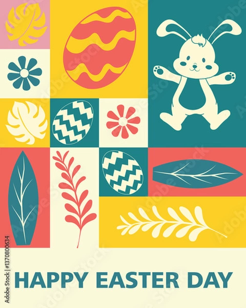Fototapeta Playful Easter Day design featuring a cheerful bunny, colorful eggs, floral and leaf patterns, and a vibrant patchwork layout in pastel hues. Ideal for greeting cards, banners, and festive promotions.