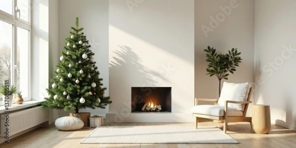 Fototapeta Serene Minimalist Living Room Decorated for the Winter Holidays Featuring a Christmas Tree, Fireplace, and Comfortable Seating