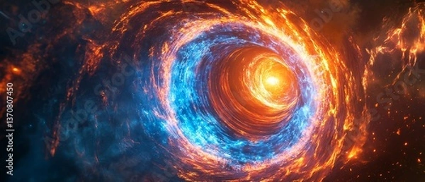 Obraz Fantasy swirling vortex of energy portal to another dimension. Electric blue and orange energy abstract background. Time travel concept illustration