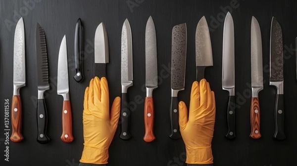 Fototapeta rubber gloved in kitchen concept. Collection of various knives with gloved hands on a dark surface.