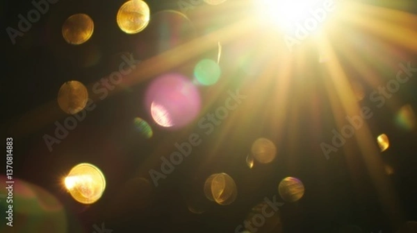 Fototapeta Sunlight with lens flares and bokeh circles against a dark background.