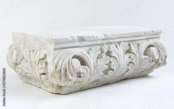 Fototapeta Intricate stone carving with leaf motifs, architectural detail of an ancient structure