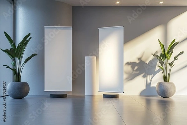 Fototapeta Clear Pixel Picture of 3D Interior with Blank White Roll Up Banners