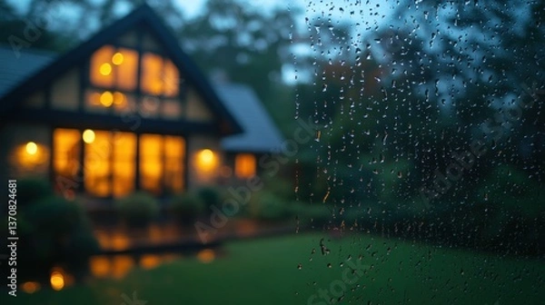 Fototapeta Rain drops on window, evening view of a house