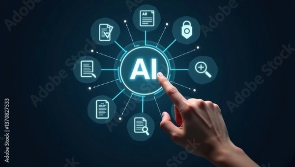 Fototapeta artificial intelligence generate text document and abstract papers. Man touching AI icon on electronic circuit board