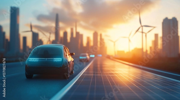 Fototapeta Clean energy usage for sustainable urban transportation and infrastructure dark outline concept. Ecological method with electricity production from solar panels and wind turbines vector illustration.