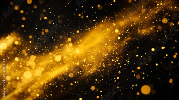 Fototapeta Set of yellow dust clouds isolated on black background. Magic fairy or flower pollen sparkling. Golden mist or smoke flying in air, creating Christmas mystery atmosphere. Realistic vector illustration