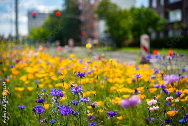 Fototapeta Local flowers planted in the city to help bees. Eco friendly yet beautiful way how to help the environment.