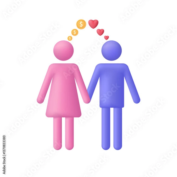 Obraz 3D Woman and man icons. Woman character love man for money. Trendy and modern vector in 3d style