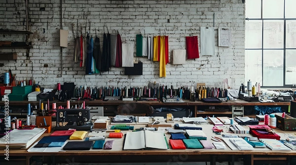 Fototapeta Organized Design Studio Workspace Filled With Fabric Samples