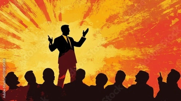 Fototapeta The Speaker's Oratory: A silhouette of a charismatic speaker commanding attention, gesturing powerfully as he addresses an audience, bathed in the radiant glow of impactful communication. 