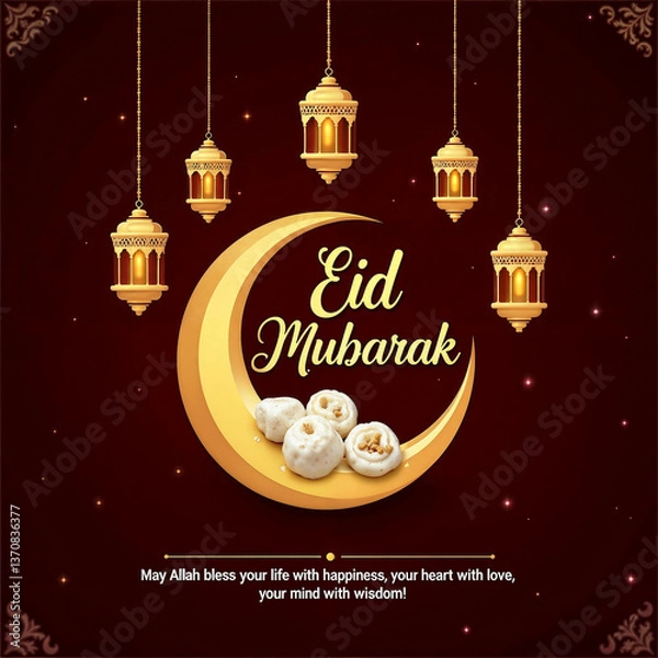 Obraz Eid Mubarak Greetings Card Design, Eid Mubarak post, Islamic concept vertical image	
