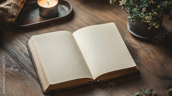 Fototapeta A calm, empty open notebook on a simple table, with clean lines and minimal decor like a light candle, a small tray, and a delicate plant