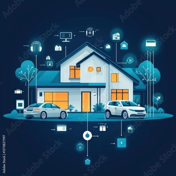 Fototapeta Modern smart home with digital connectivity icons and glowing windows illustration