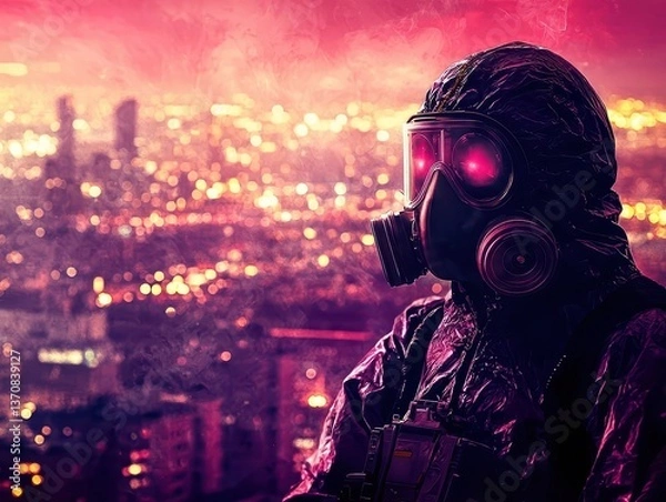 Fototapeta Conceptual Representation of Biohazard Suit Under Neon Lights in Urban Environment