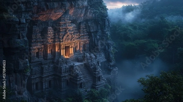 Fototapeta Ancient cliffside temple illuminated by warm light in misty forest