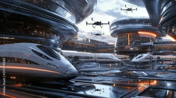 Fototapeta Futuristic cityscape with high-speed trains and drones in illuminated urban environment