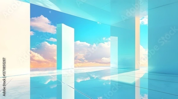 Fototapeta Minimalist Solar Power Station with Reflective Photovoltaic Surfaces and Serene Sky Scenery