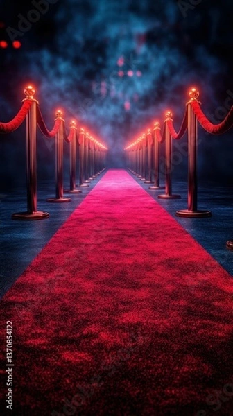 Obraz Red carpet entrance lined with velvet ropes and glowing lights creates an elegant setting for a special event