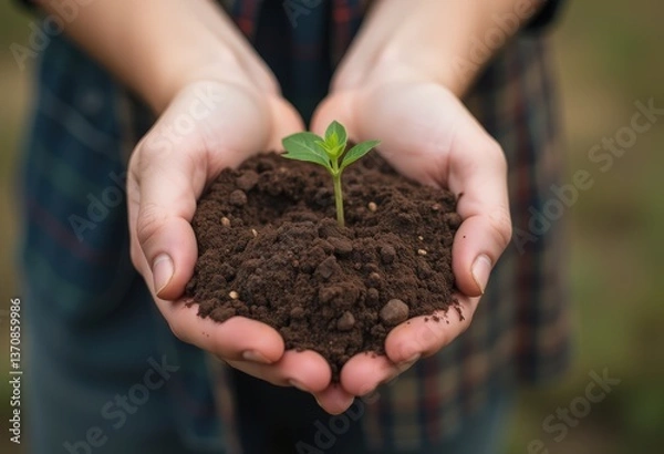 Fototapeta Hands nurturing a small plant with soil in a green outdoor setting  