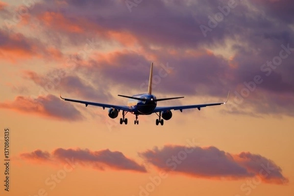 Fototapeta A large passenger jet flying through a cloudy sky at sunset