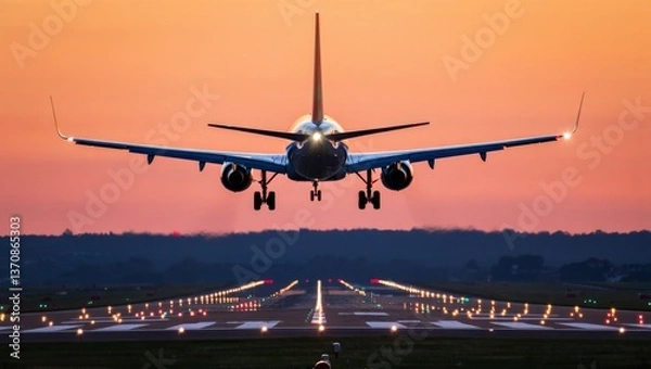 Fototapeta A large jetliner taking off from an airport runway at sunset