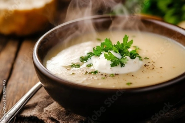 Fototapeta Close-up of a bowl of steaming creamy soup, garnished with parsley and a dollop of sour cream. The soup is pale beige, served in a dark brown bowl