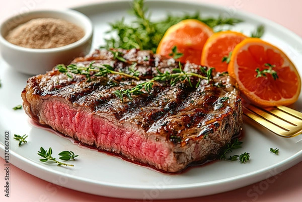 Obraz Piece of meat with a fork and knife on a white plate. The meat is cooked and has a pink center. There are also some oranges on the plate