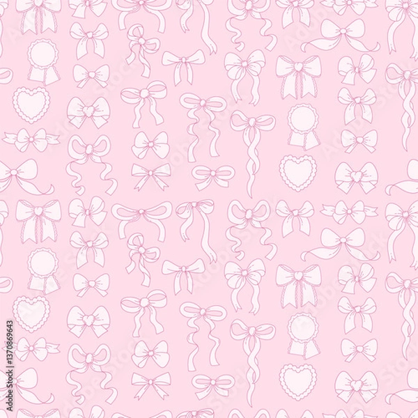 Fototapeta Outline Vintage Coquette Seamless Pattern. Ribbon Bow on Pink Background. Aesthetic Romantic Gently Girly Vibe. Trendy Whimsy patterned linear hand drawing backdrop. Vector illustration