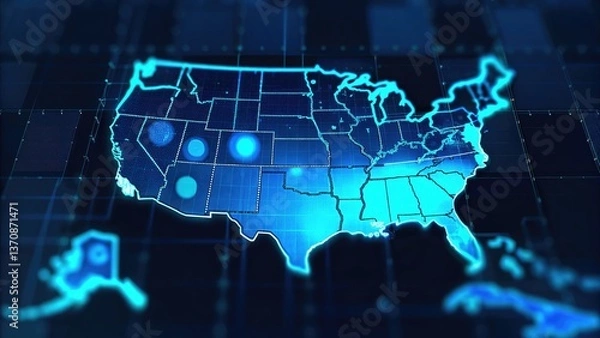 Fototapeta Environmental Justice Rights. Digital map of the United States with highlighted regions in blue and a tech-inspired background.