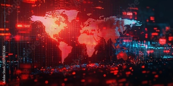 Obraz A digital map glowing with red trade war indicators, highlighting global economic tension. Background blurred with currency symbols and stock market crashes.