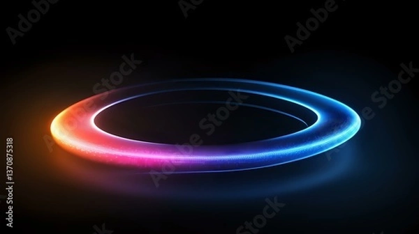 Obraz Glowing neon ring with gradient color transition from red to blue on dark background, floating light effect creates futuristic atmosphere for technology designs.