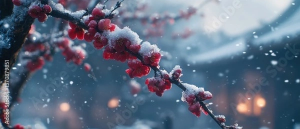 Fototapeta Captivating winter scene of red plum blossoms covered in snow against a serene blurred background evoking tranquility and beauty