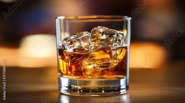 Fototapeta A glass of whiskey with ice, sitting on a wooden table, moody atmosphere.