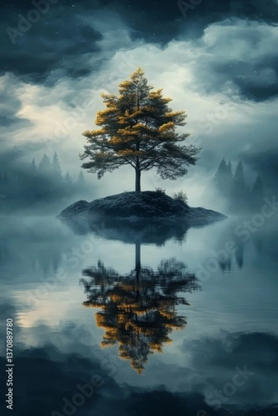 Obraz Lone tree on island in still water, tranquil landscape with mirror reflection and moody mountain backdrop
