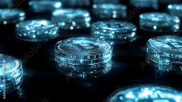 Fototapeta Glowing Digital Coins with Blockchain Inspired Background Futuristic Finance Concept