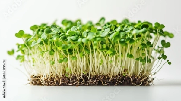 Fototapeta A close-up cluster of microgreens, densely packed and radiating outward from a central point, with visible roots and seeds