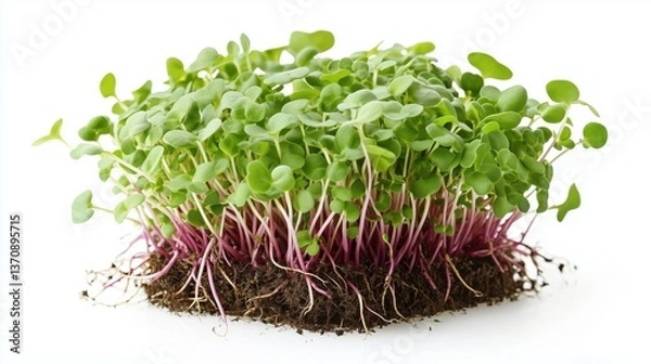 Fototapeta A close-up cluster of microgreens, densely packed and radiating outward from a central point, with visible roots and seeds