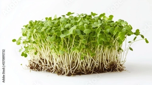 Fototapeta A close-up cluster of microgreens, densely packed and radiating outward from a central point, with visible roots and seeds