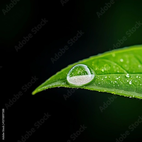 Obraz Macro shot of single dewdrop on green leaf with detailed textures, nature freshness concept