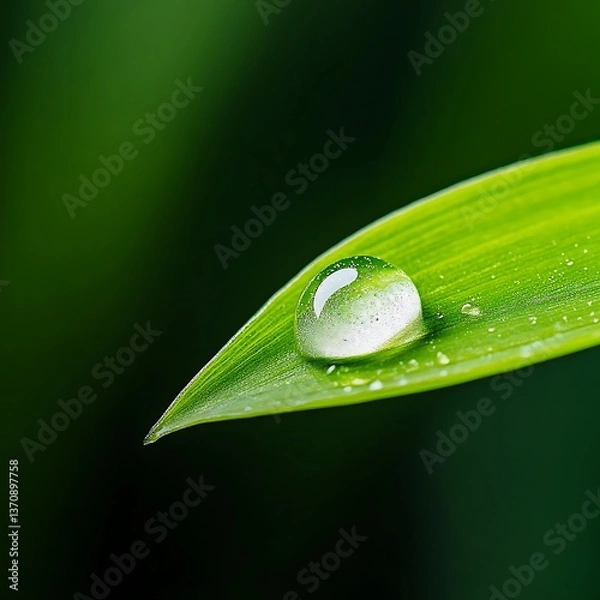 Obraz Macro shot of single dewdrop on green leaf with detailed textures, nature freshness concept